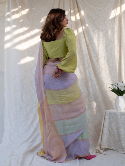 Daybreak - Multicolour Striped Pure Handloom Linen Saree