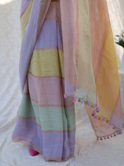 Daybreak - Multicolour Striped Pure Handloom Linen Saree