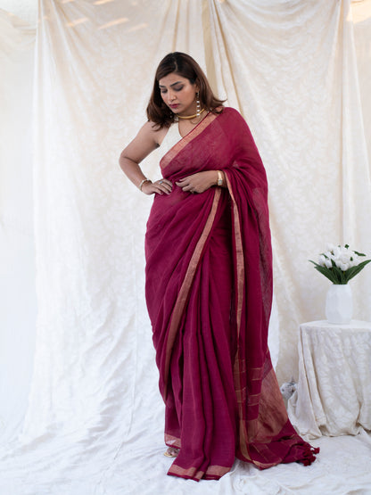 Main Event - Burgundy Red Pure Handloom Linen Saree with Zari border