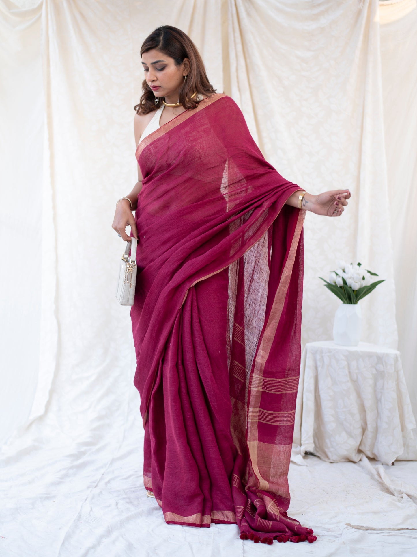 Main Event - Burgundy Red Pure Handloom Linen Saree with Zari border
