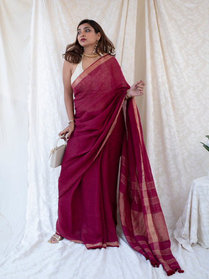 Main Event - Burgundy Red Pure Handloom Linen Saree with Zari border