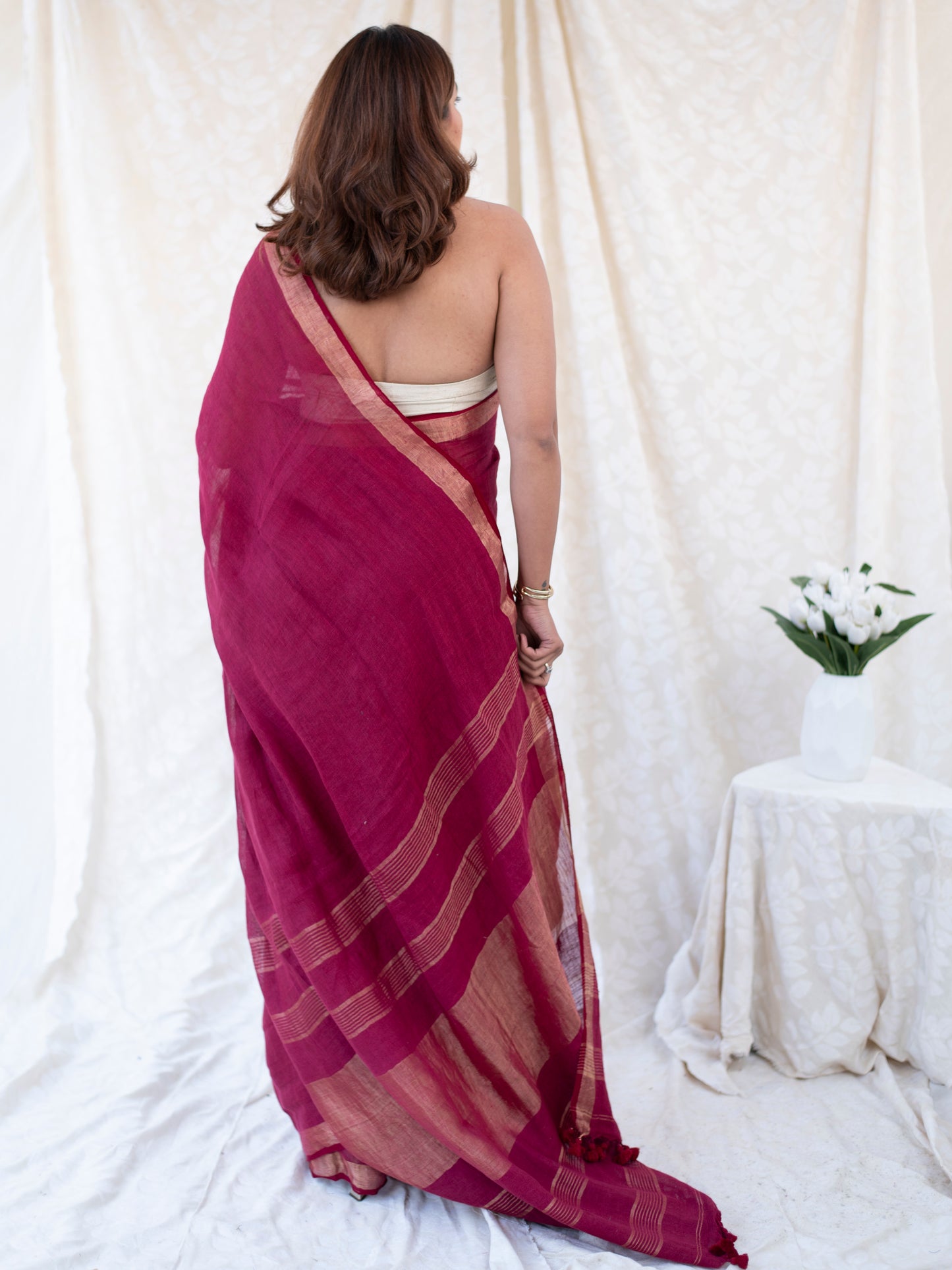 Main Event - Burgundy Red Pure Handloom Linen Saree with Zari border