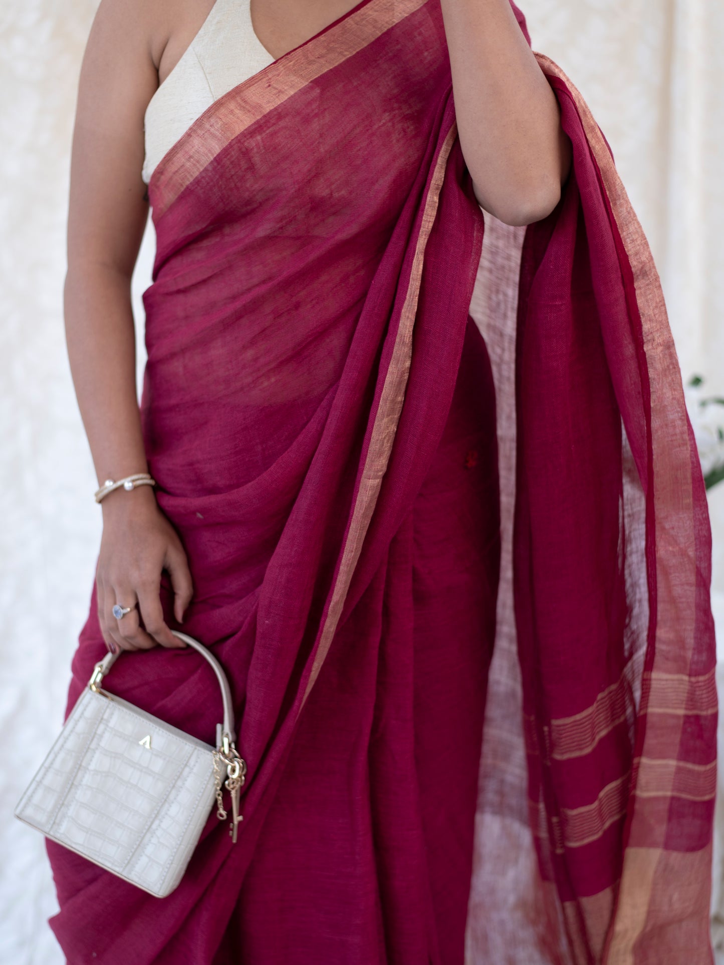 Main Event - Burgundy Red Pure Handloom Linen Saree with Zari border