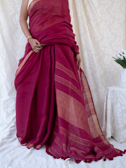 Main Event - Burgundy Red Pure Handloom Linen Saree with Zari border