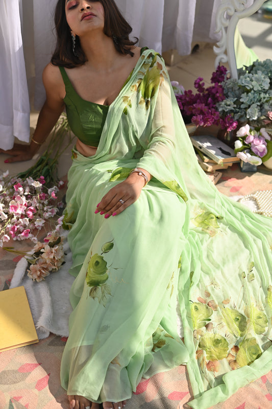 Moss Rose Pure Chiffon Saree
