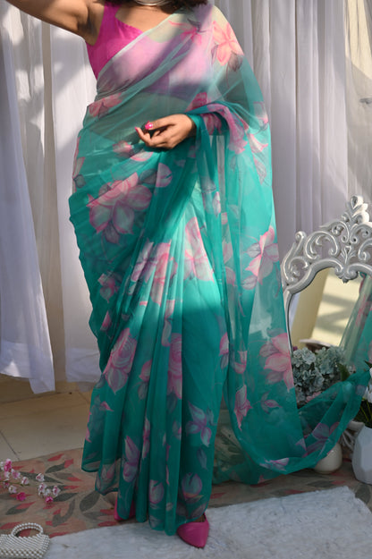 Ocean Rose Chiffon Saree