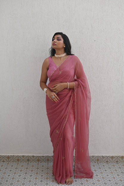 Old Rose Sequin Chiffon Saree