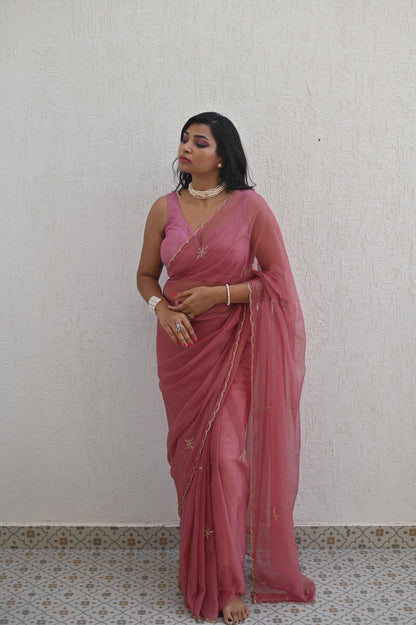Old Rose Sequin Chiffon Saree