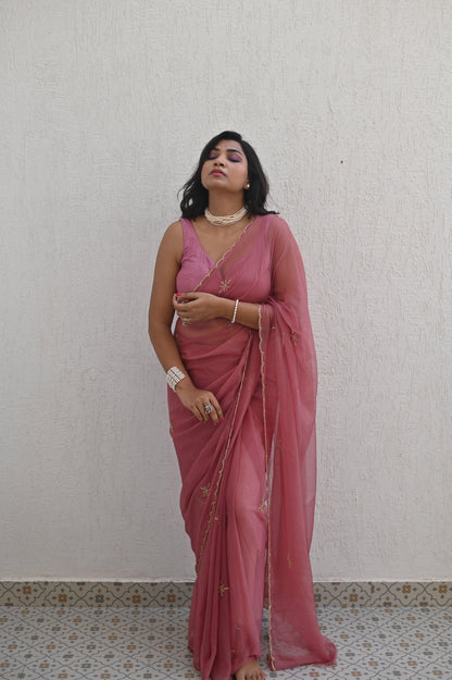 Old Rose Sequin Chiffon Saree