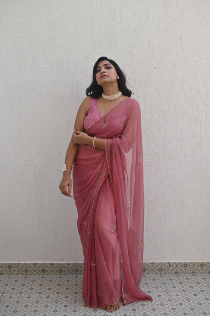 Old Rose Sequin Chiffon Saree