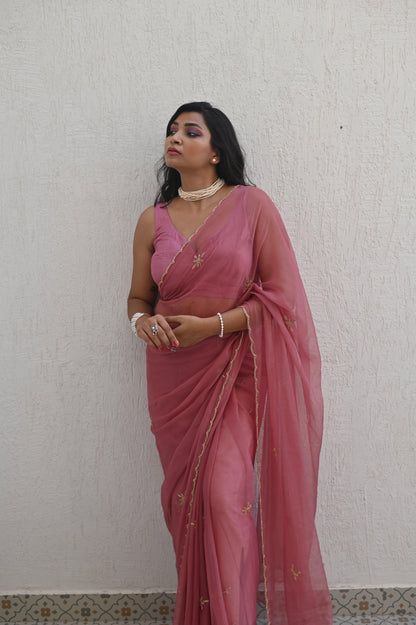 Old Rose Sequin Chiffon Saree