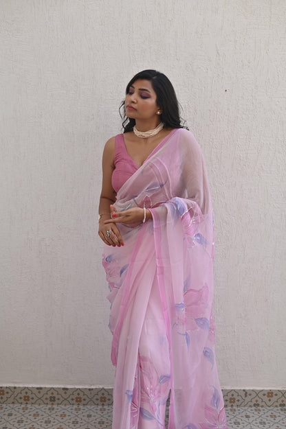 Pink Party Pure Handembroidered Chiffon Saree