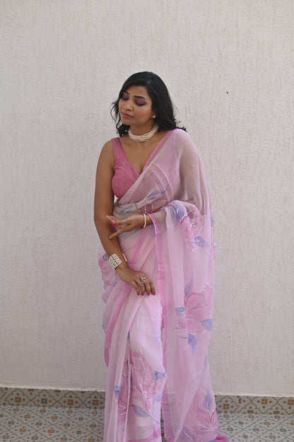 Pink Party Pure Handembroidered Chiffon Saree