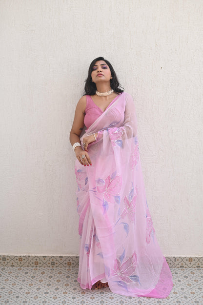 Pink Party Pure Handembroidered Chiffon Saree