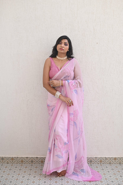 Pink Party Pure Handembroidered Chiffon Saree