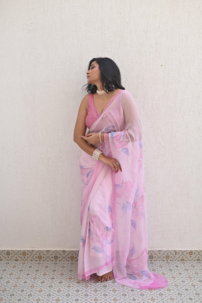 Pink Party Pure Handembroidered Chiffon Saree