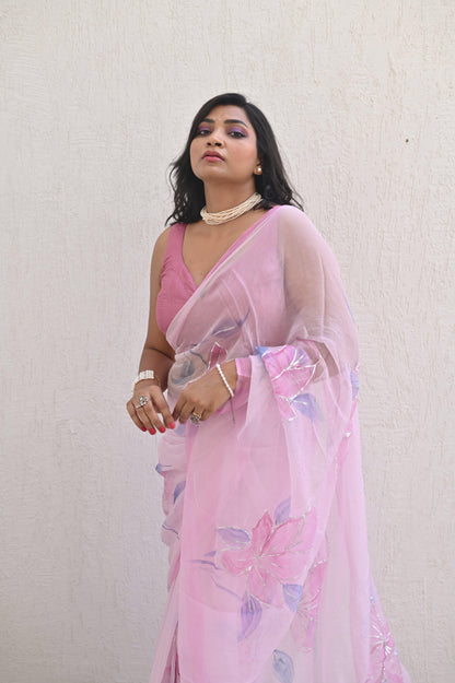 Pink Party Pure Handembroidered Chiffon Saree