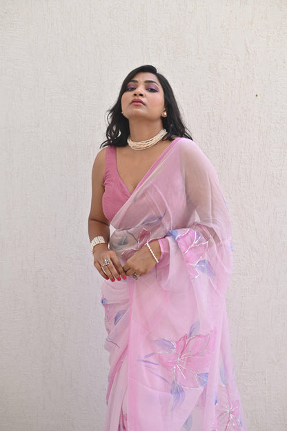 Pink Party Pure Handembroidered Chiffon Saree