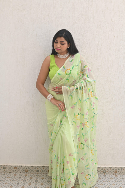 Mint Pure Handembroidered Chiffon Sarees