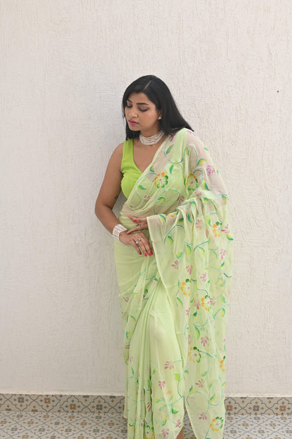 Mint Pure Handembroidered Chiffon Sarees