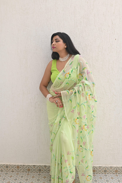 Mint Pure Handembroidered Chiffon Sarees