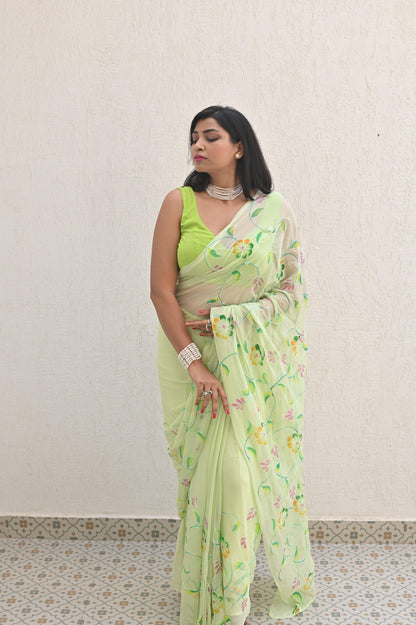 Mint Pure Handembroidered Chiffon Sarees