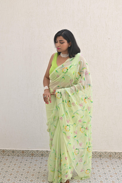 Mint Pure Handembroidered Chiffon Sarees