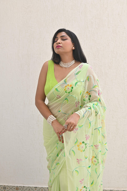 Mint Pure Handembroidered Chiffon Sarees