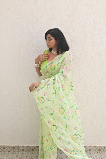 Mint Pure Handembroidered Chiffon Sarees