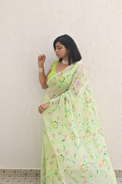 Mint Pure Handembroidered Chiffon Sarees
