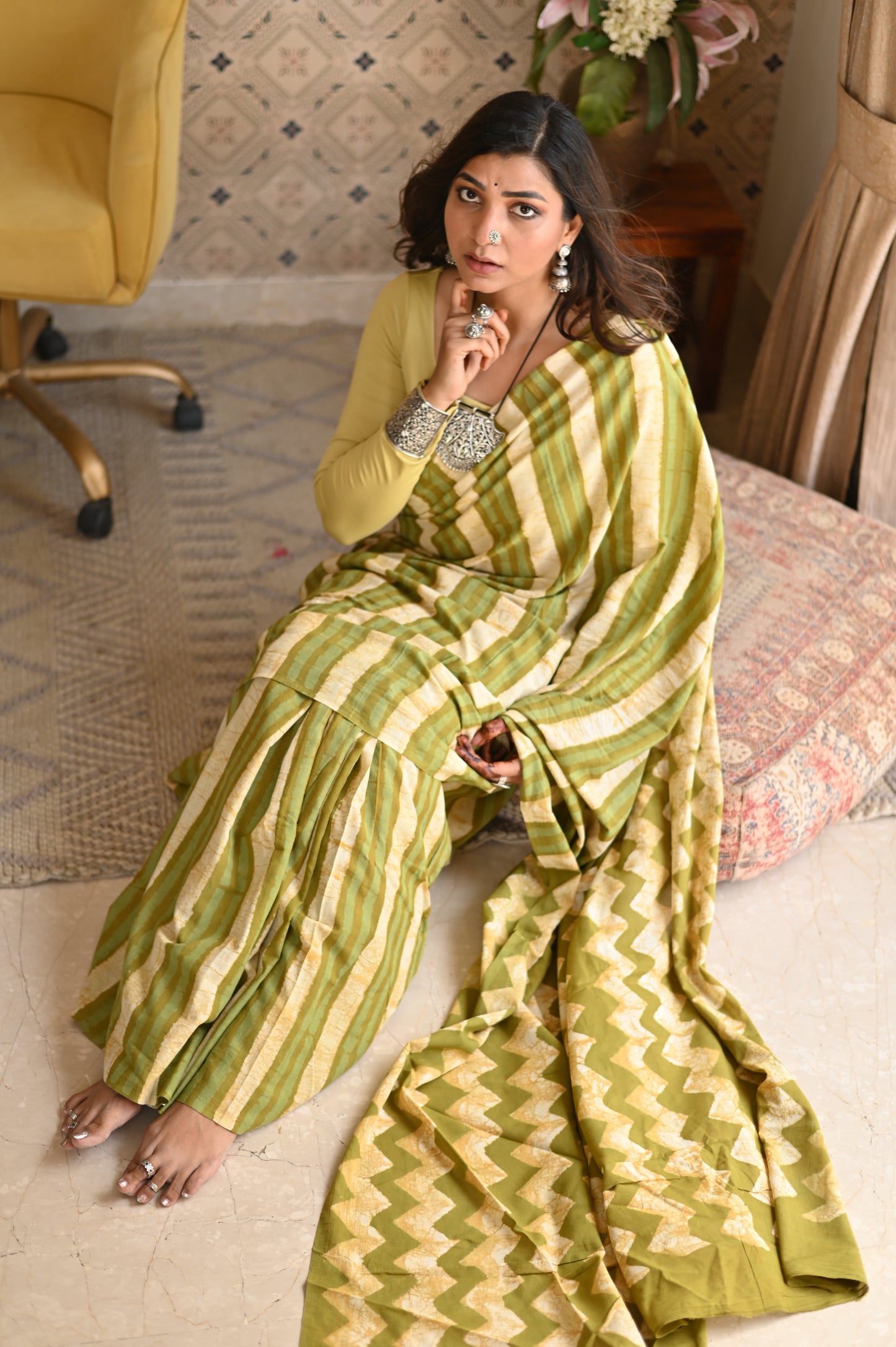 Matcha latte Dabu Mulmul Saree