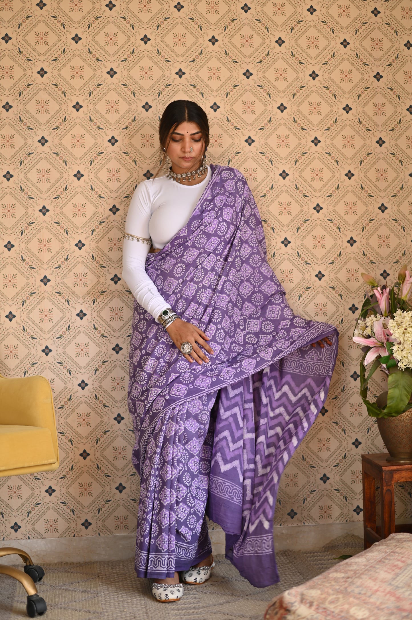 Dusty Purple Dabu Mulmul Saree