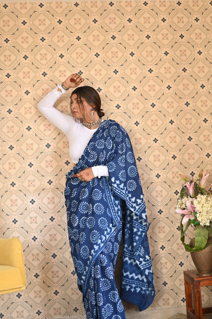 Indigo Dabu Mulmul Saree