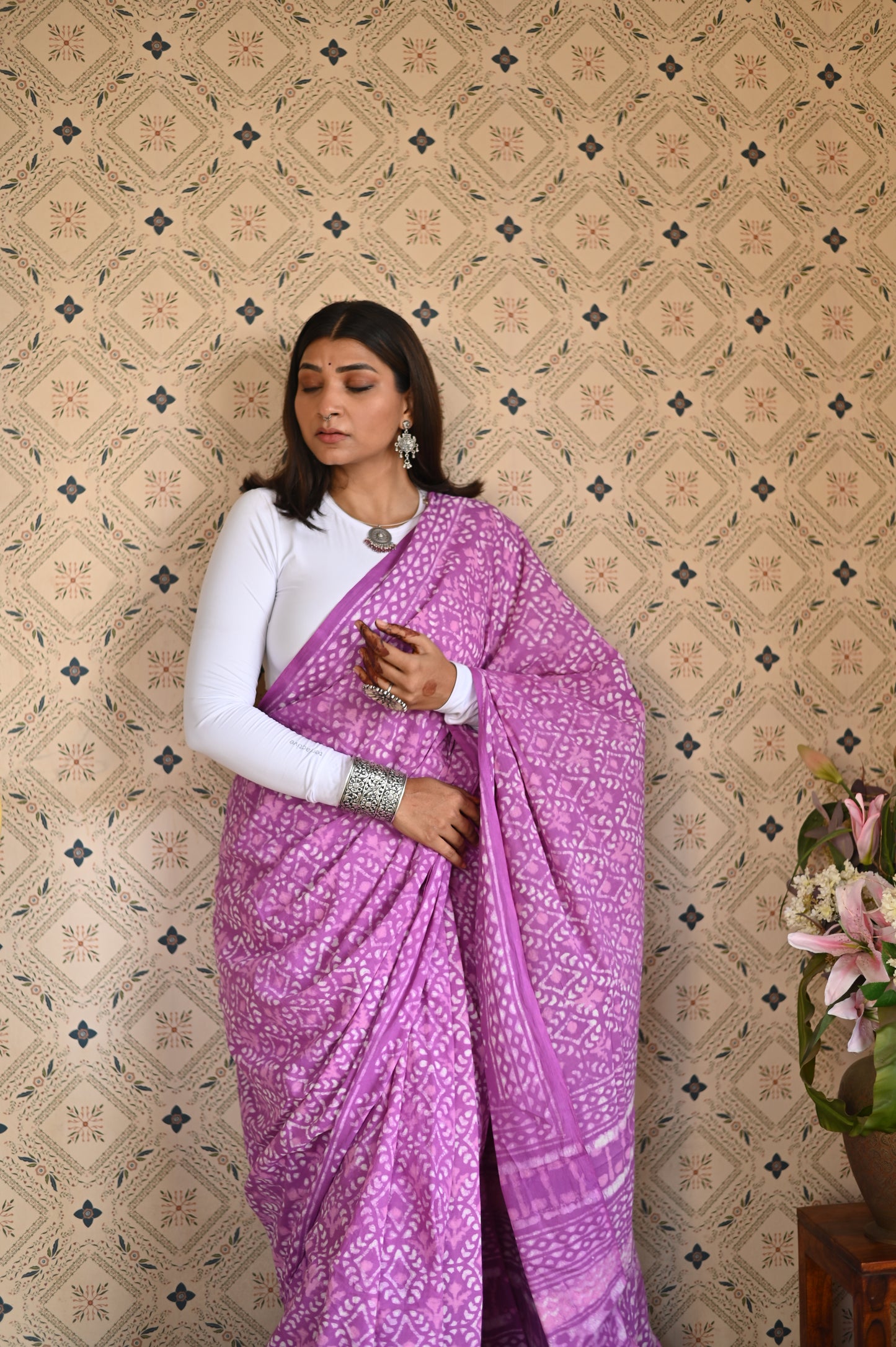 Dusty Pink Dabu Mulmul Saree