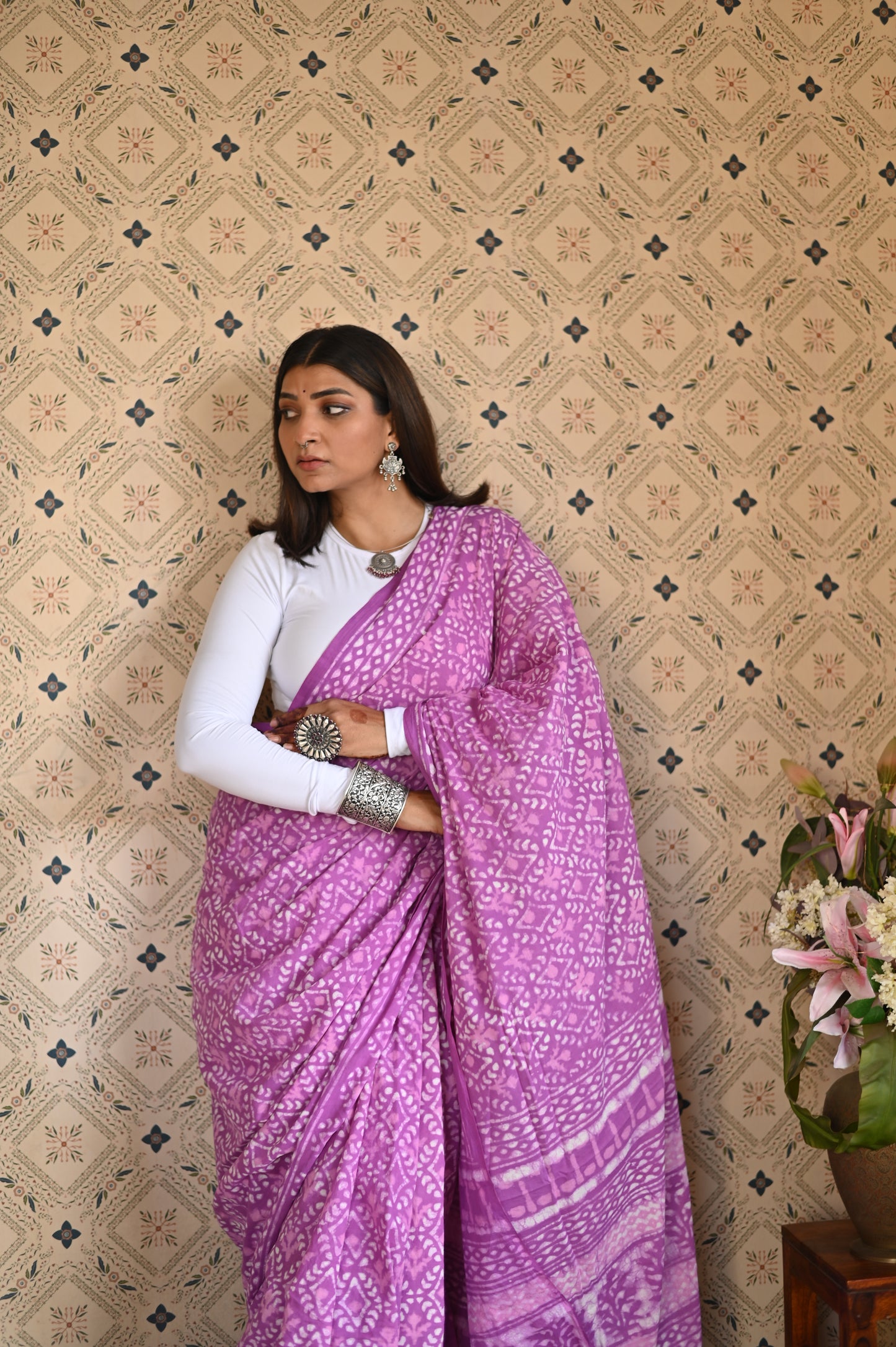 Dusty Pink Dabu Mulmul Saree
