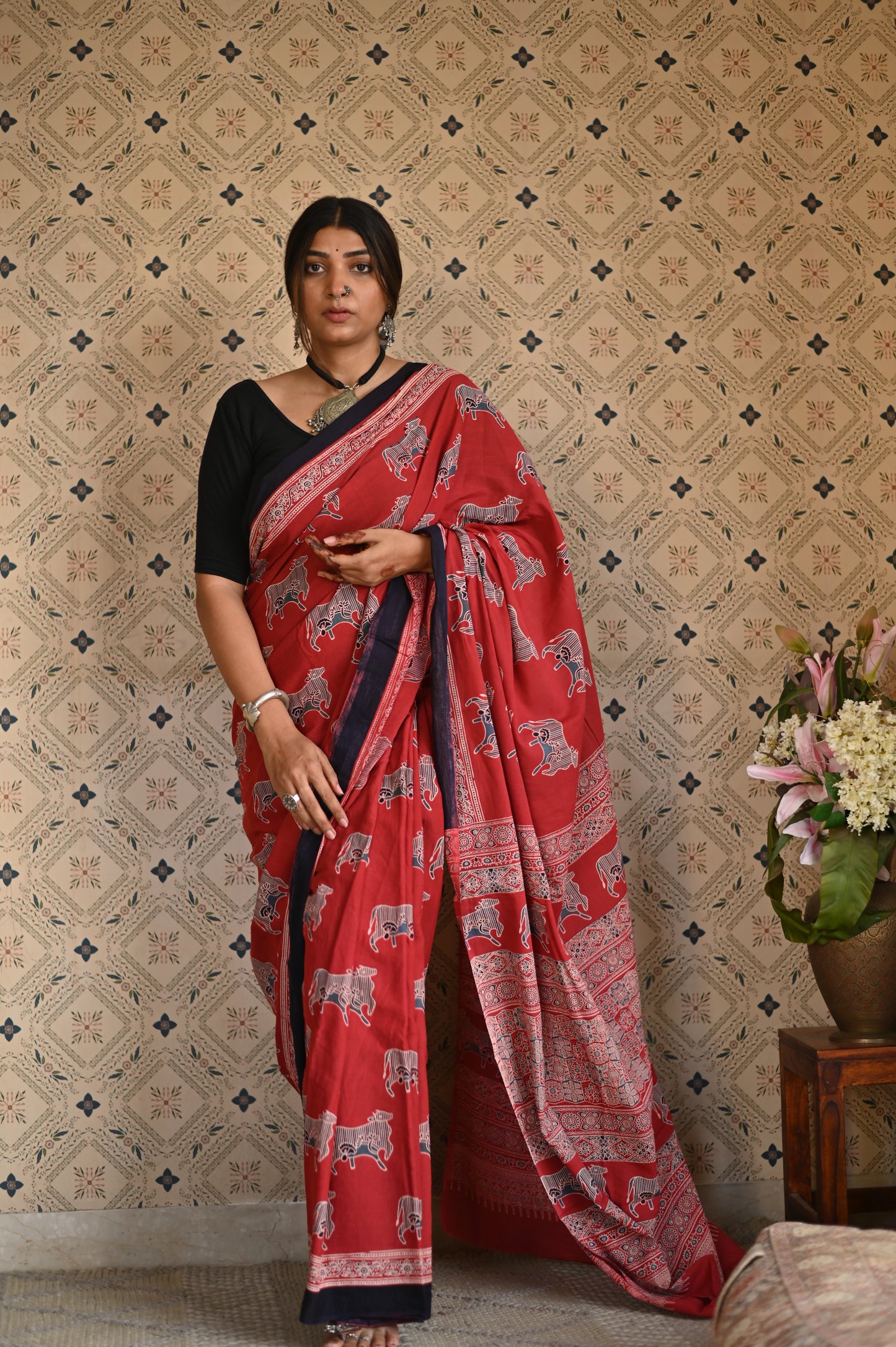 Pichwai Red Ajrakh Saree