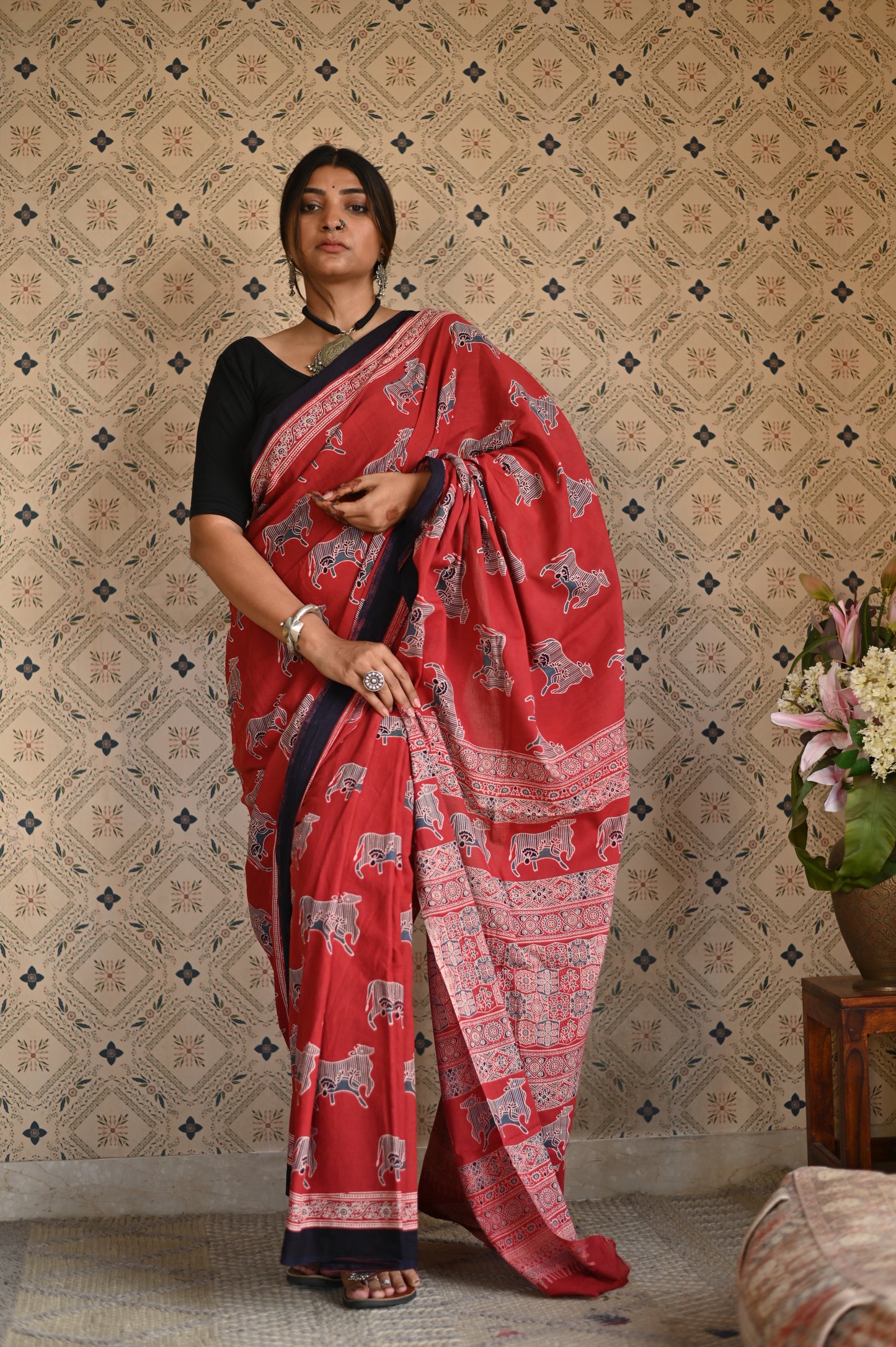 Pichwai Red Ajrakh Saree