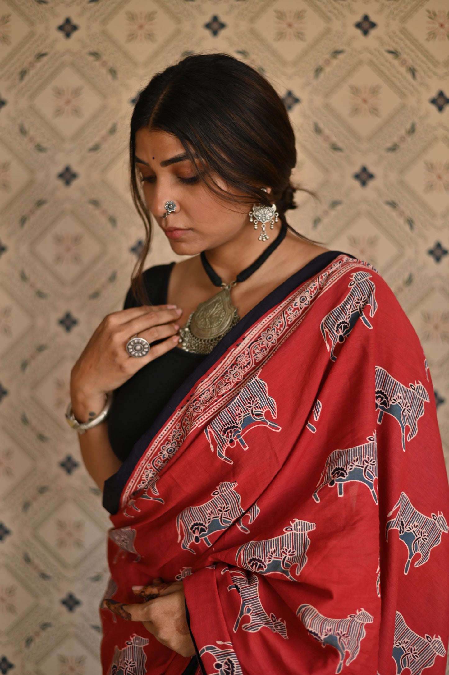 Pichwai Red Ajrakh Saree