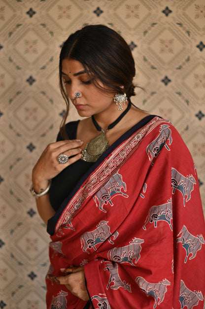 Pichwai Red Ajrakh Saree