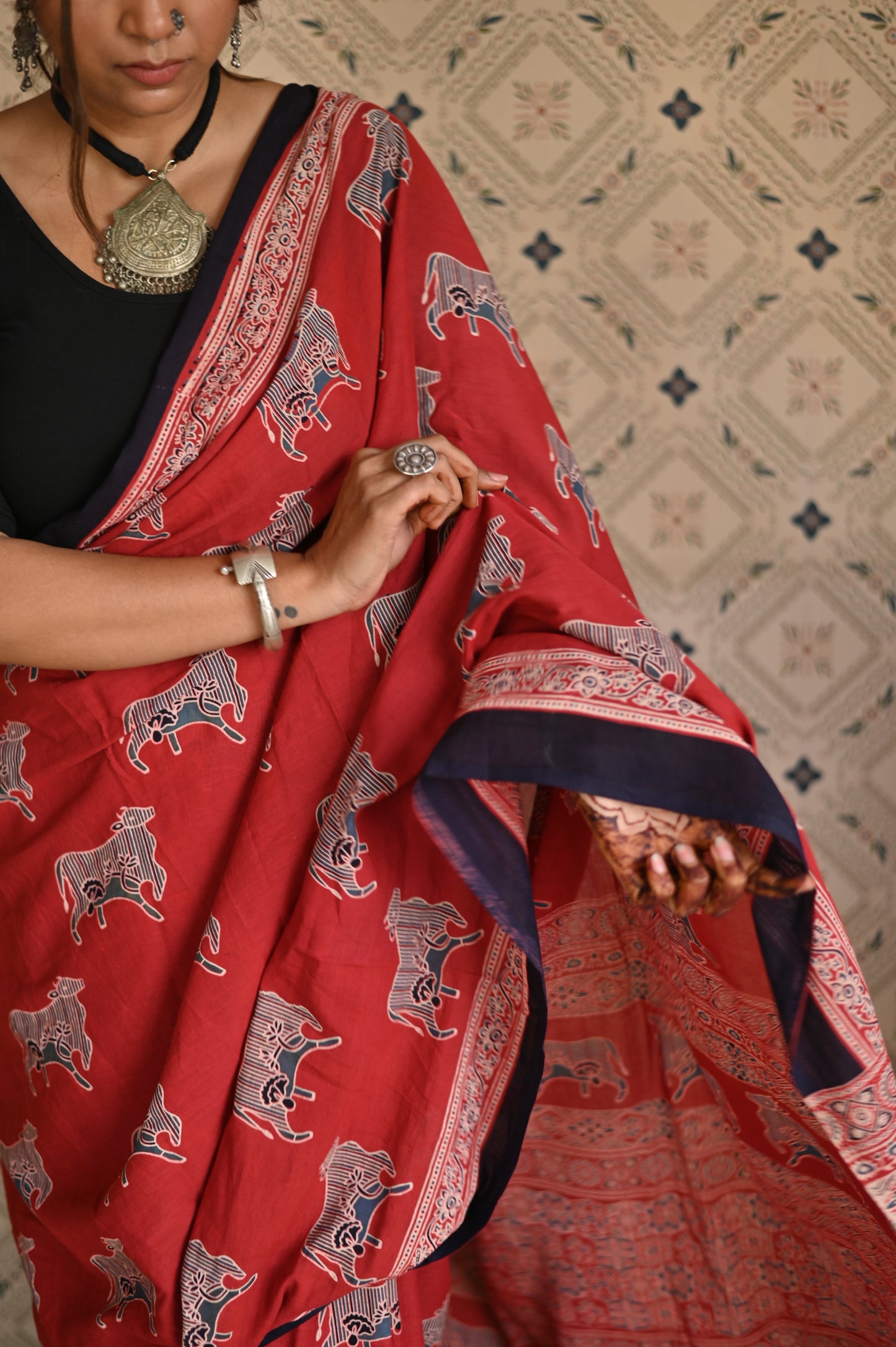 Pichwai Red Ajrakh Saree