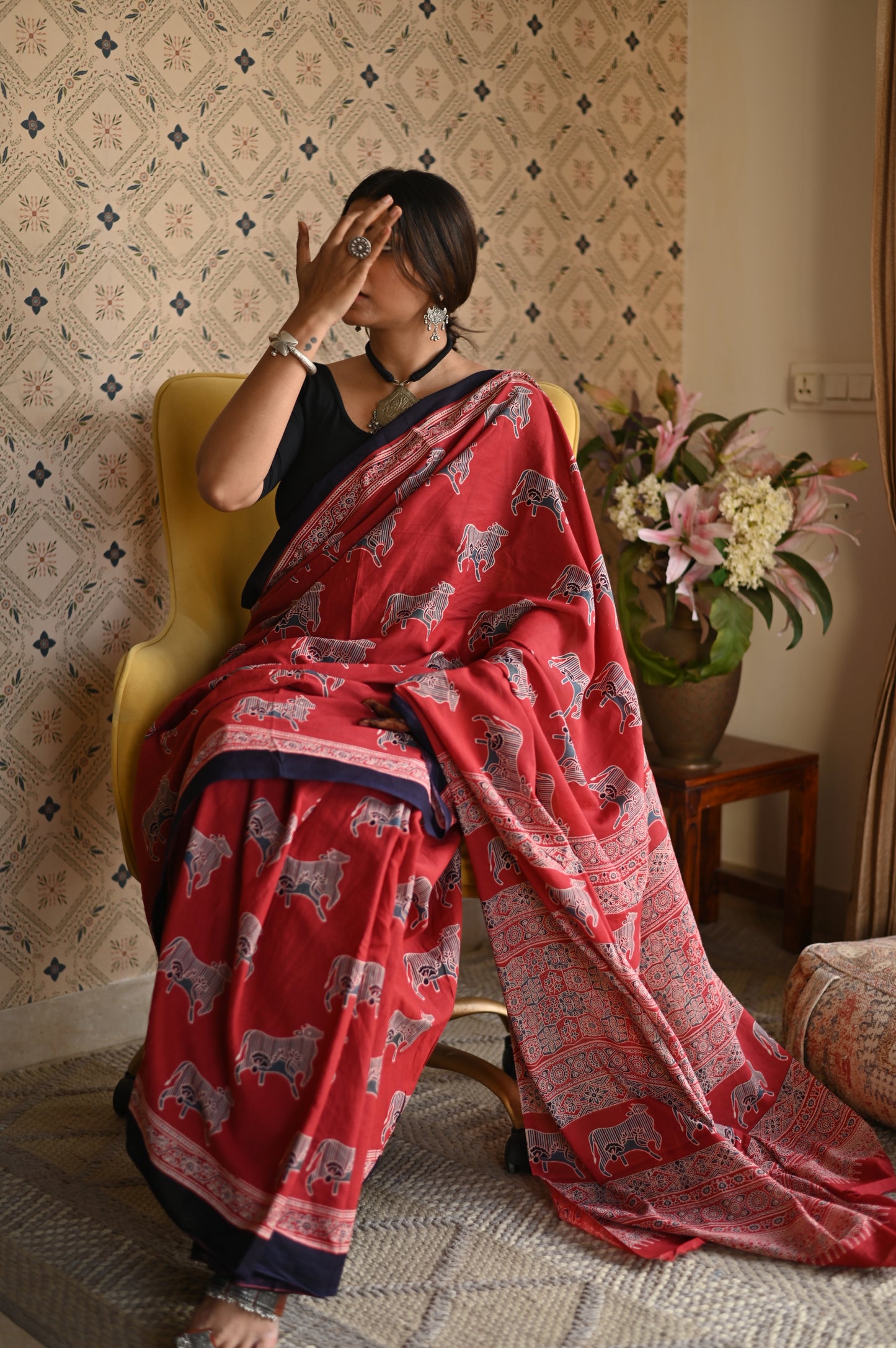 Pichwai Red Ajrakh Saree