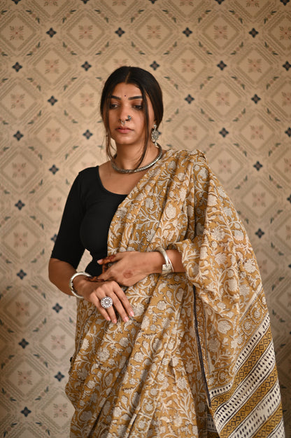 Organic Yellow Bagru Mulmul Saree