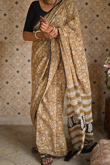 Organic Yellow Bagru Mulmul Saree