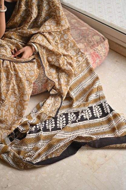 Organic Yellow Bagru Mulmul Saree