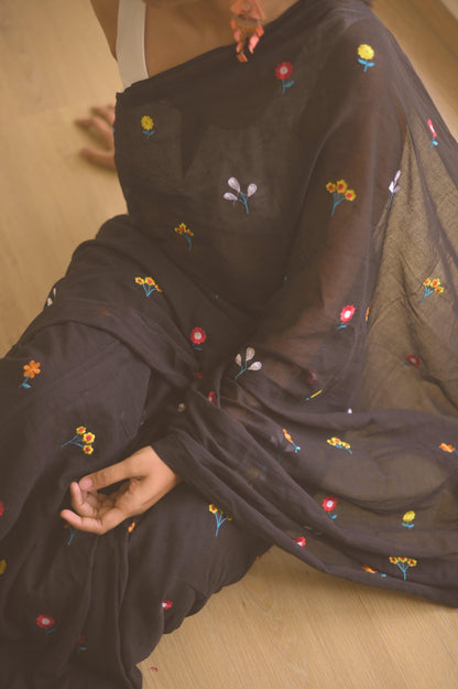 Gardenalia Black Mulmul Saree - Mayin India 