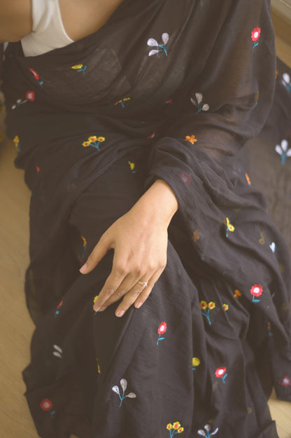 Gardenalia Black Mulmul Saree - Mayin India 