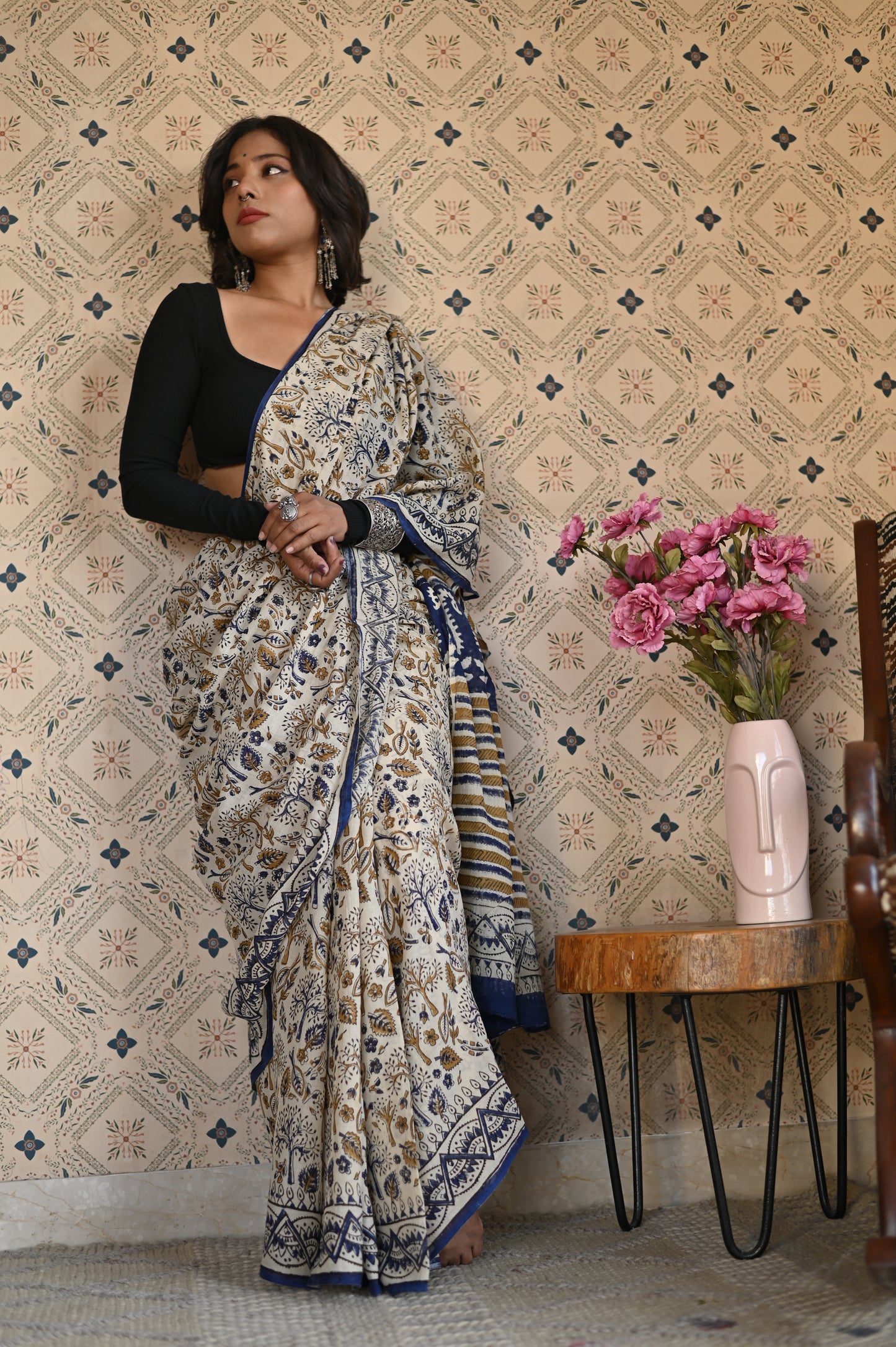 Amaltas Bagru Mulmul Saree