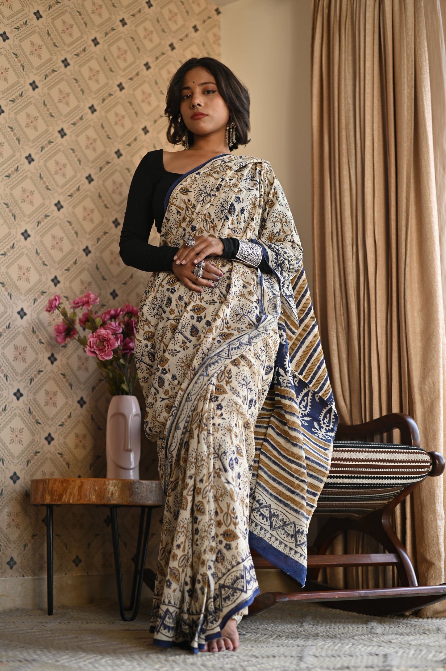 Amaltas Bagru Mulmul Saree