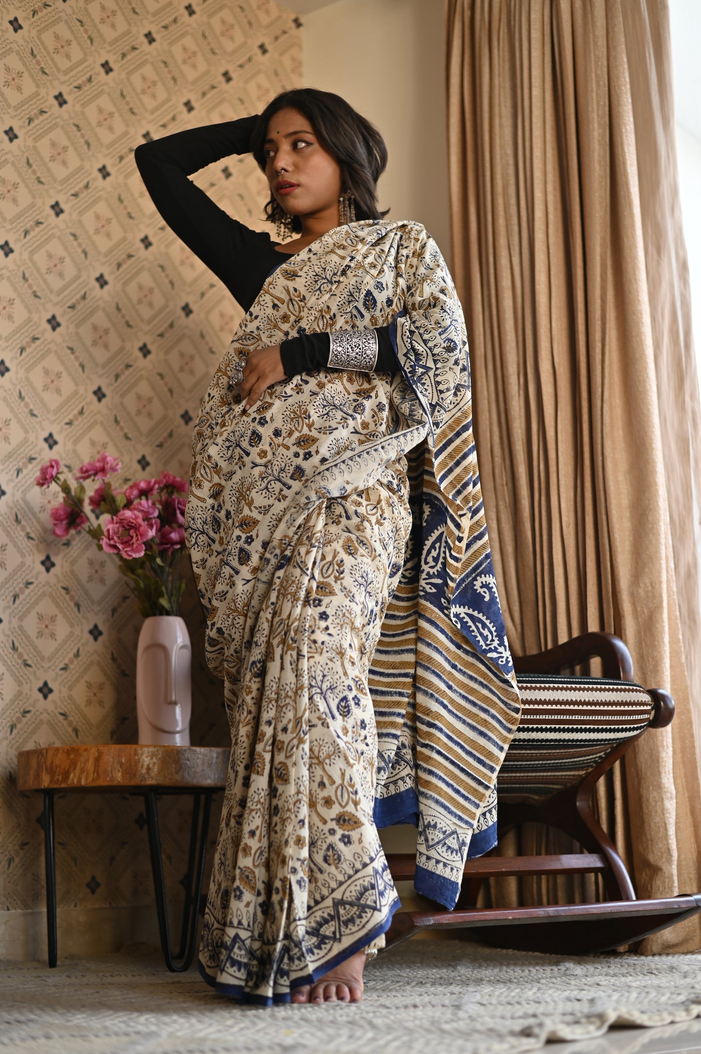 Amaltas Bagru Mulmul Saree