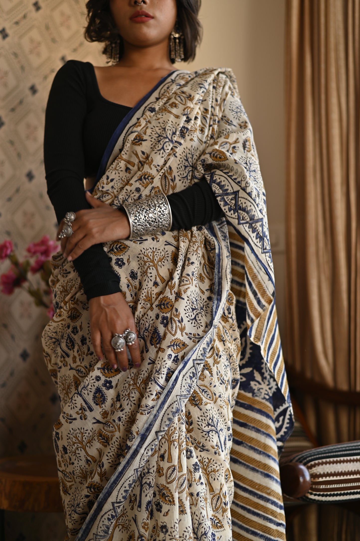 Amaltas Bagru Mulmul Saree